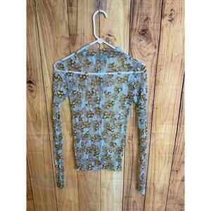 Intimately Free People Lady Lux Mesh Lace Layering Top Floral Blue Brown  S